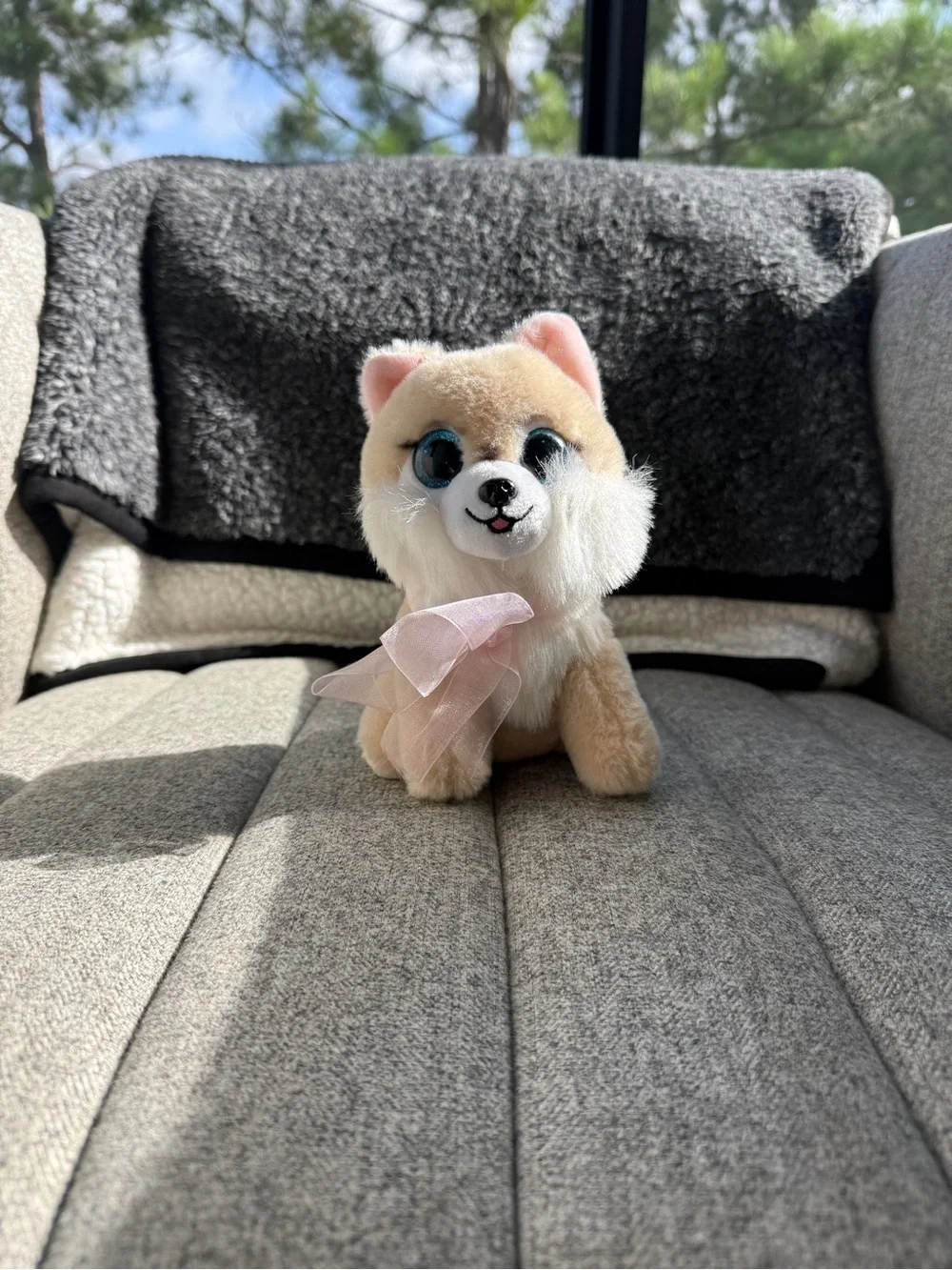 Plush Dog Toy with Pink Bow - Soft Beige and White Stuffed Puppy